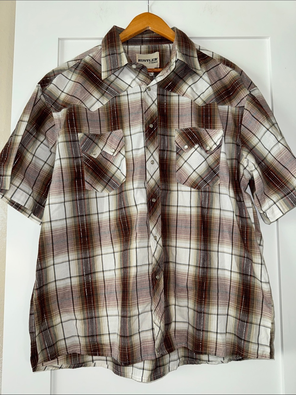 Rustler Men's Brown & White Plaid Short-Sleeve Button-Down Sz XL est. western